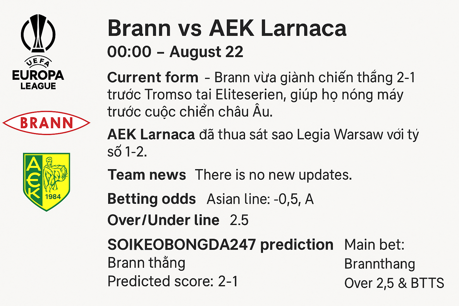 Soi kèo bóng đá 00h00 ngày 22/8 - Brann vs AEK Larnaca Cuộc đọ sức hấp dẫn tại Europa Conference League 2 de20086f 17d4 4487 ae67 ea0be774e8fb